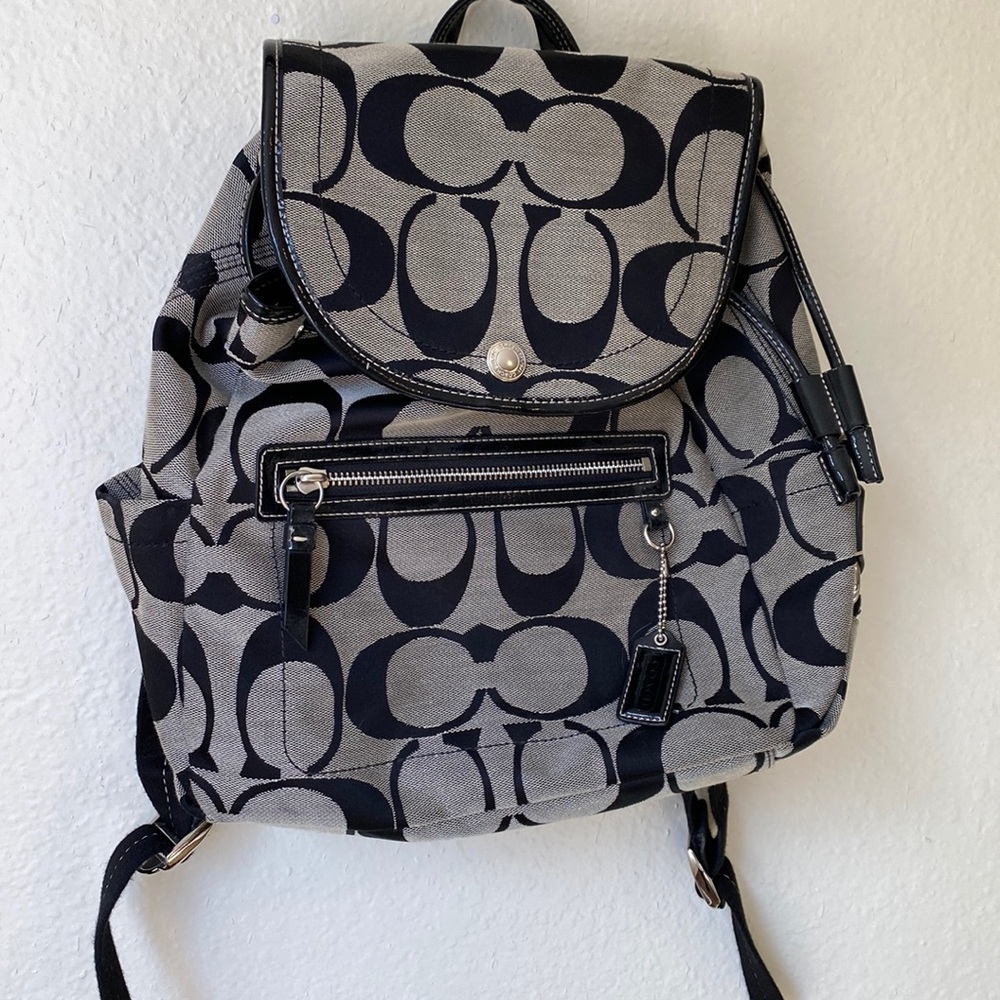Coach purse/backpack, black and grey/beigey color, black leather, lightly used